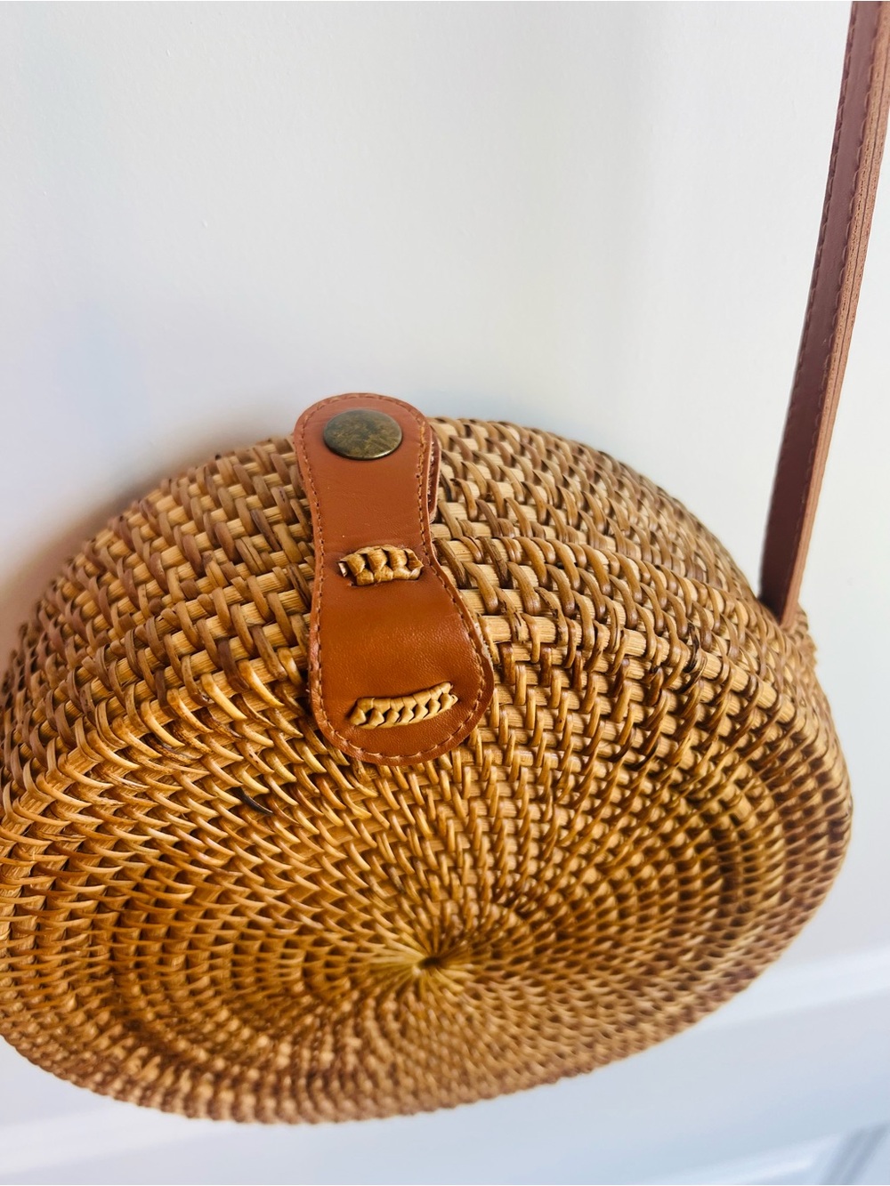Round Woven Crossbody Bag with Brown Leather Trim-Excellent condition!